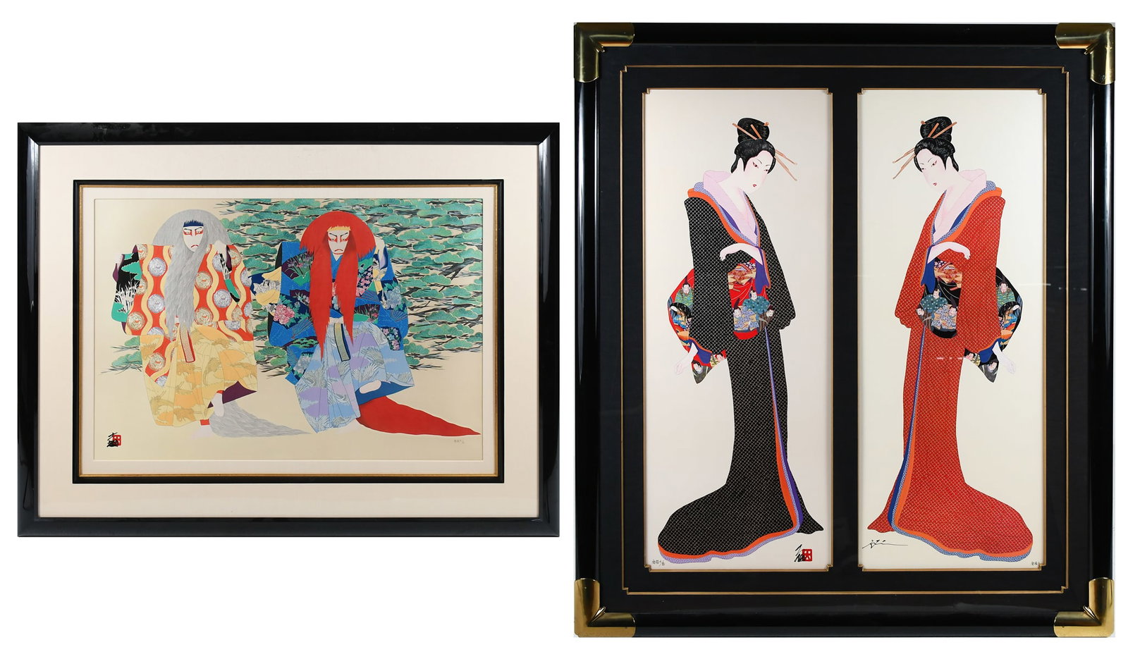THREE HISASHI OTSUKA MIXED MEDIA PRINTS: OTSUKA, Hisashi, (Japanese, b. 1947): 1) Two Mixed Media Prints from the "Lady of the 36 Poets" series, each sight size 38.5" x 14.75", each signed and inscribed in kanji in the lower corners, both