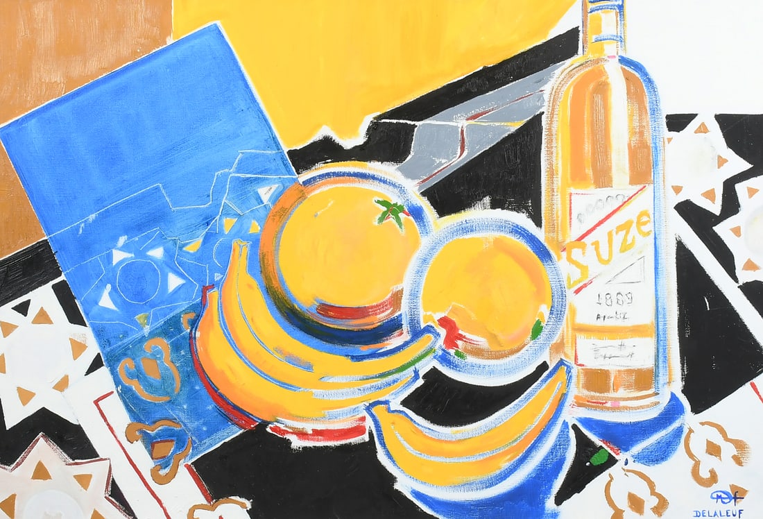 MARTINE DELALEUF "LA SUZE" PAINTING: DELALEUF, Martine, (French, b. 1948): "La Suze", Tabletop Still Life with Suze Bottle and Fruit, Gouache, 20" x 29", signed lower right, also signed verso with title, framed, 27" x 35.875".