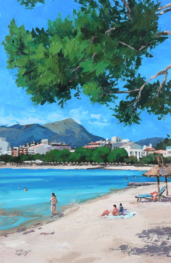 ELIZABETH BAZIN SUNNY BEACH SCENE PAINTING: BAZIN, Elizabeth, (French, b. 1955): "Plage a Port de Pollenca", Sunny Beach Scene with Figures and Distant Town, Acrylic/Canvas, 23.5" x 15.625", signed lower left, gilded frame, 28.75" x 21.125".