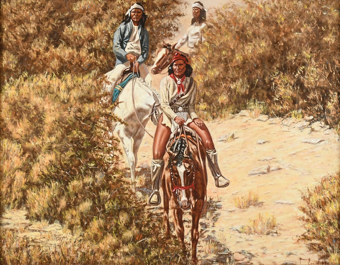 DAVID COVIN NATIVE AMERICAN WESTERN PAINTING: COVIN, David, (American, 1950-2005): Three Native Americans on Horseback passing through Scrub, Oil/Canvas, 24" x 32", signed lower right and dated '87, framed, 31" x 38.75".