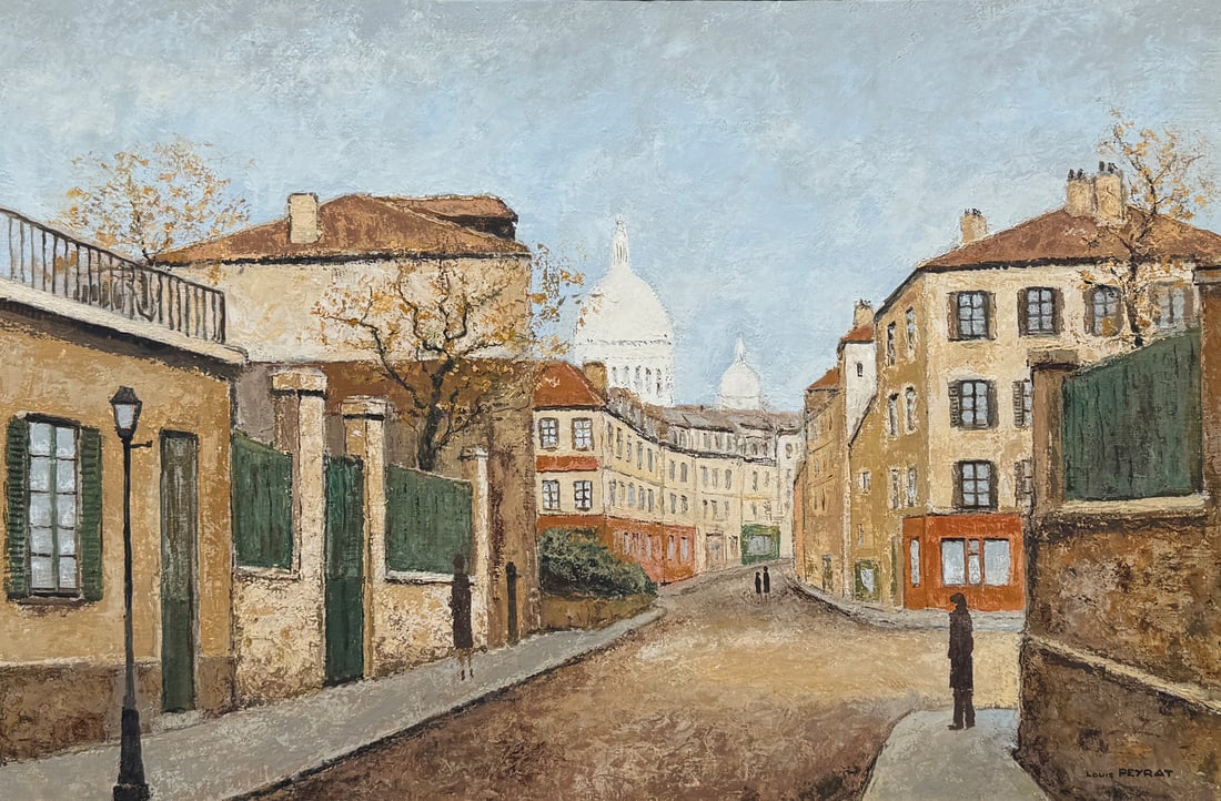 LOUIS PEYRAT PARIS STREET SCENE PAINTING: PEYRAT, Louis, (French, 1911-2001): "Paris - Montmartre - Rue Norvinis", Oil/Canvas, 24" x 36", signed lower right, signed again verso and titled, carved gesso frame, 32.875" x 44.875".