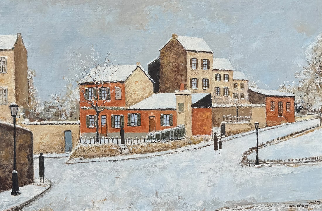 LOUIS PEYRAT WINTER LANDSCAPE PAINTING: PEYRAT, Louis, (French, 1911-2001): "Paris - Montmartre - Cabaret du Lapin Agile", Oil/Canvas, 24" x 36", signed lower right, signed again verso and titled, carved gesso frame, 32.875" x 44.875".