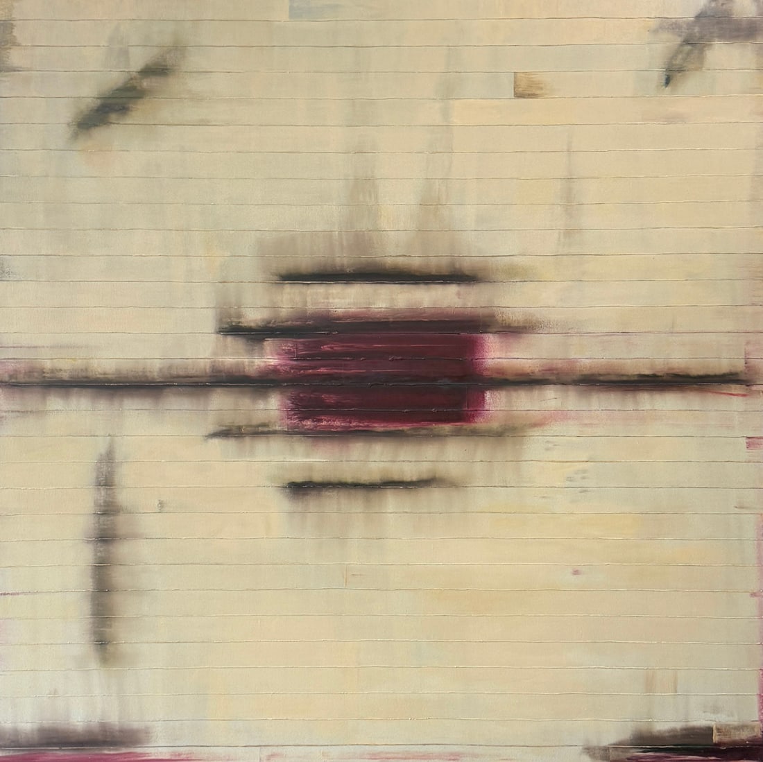 TODD WILLIAMSON CONTEMPORARY ABTRACT PAINTING: WILLIAMSON, Todd, (American, b. 1964): Abstract Composition in Off-White and Dark Red, Oil/Canvas, 60" x 60", no visible signature, float-mounted in frame, 62.125" x 62.125".