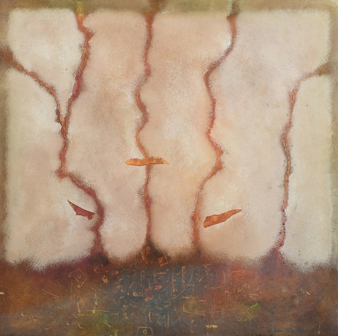 FRANK CARMELITANO ABSTRACT PAINTING: CARMELITANO, Frank R., (American, 1935-2003): Abstract Earth Tone Composition, Oil/Canvas, 20" x 20", unsigned, thin-edge wood frame, 20.875" x 21".