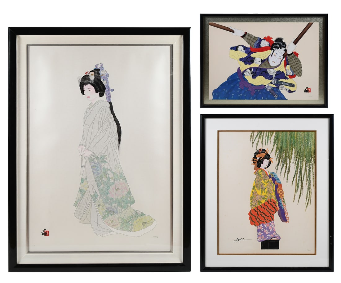 THREE HISASHI OTSUKA MIXED MEDIA PRINTS: OTSUKA, Hisashi, (Japanese, b. 1947): Three Mixed Media Prints: 1) "Musashi the Master", 19" x 26", signed lower right, also numbered 203/7100 in pencil lower right, float-mounted in frame, 23.25" x 3