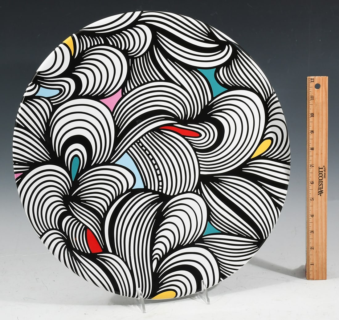 KEF! PORCELAIN WALL CHARGER: KEF! PORCELAIN WALL CHARGER: Porcelain charger plate featuring the German graffiti artist's signature abstract linework. Measures 16.25" in diameter, signed verso and dated 2022, numbered 15/25 E.A. v