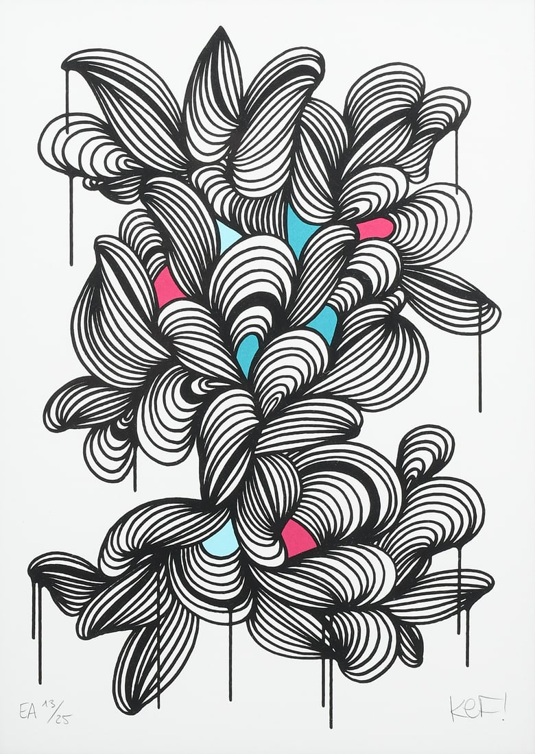 ORIGINAL KEF! "SOUND OF THE SUN #3" SCREENPRINT: KEF! (German, b. 1989): "Sound of the Sun #3", Color Screenprint/Cotton Paper, 16.125" x 12", signed lower right, numbered lower left EA 13/25, framed, 20.75" x 16.875". Sold with a Certificate of Aut