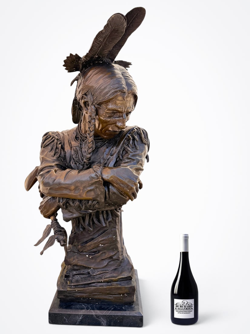 MASSIVE INDIAN CHIEF BRONZE BUST SIGNED JIM DAVIDS (1 of 3)