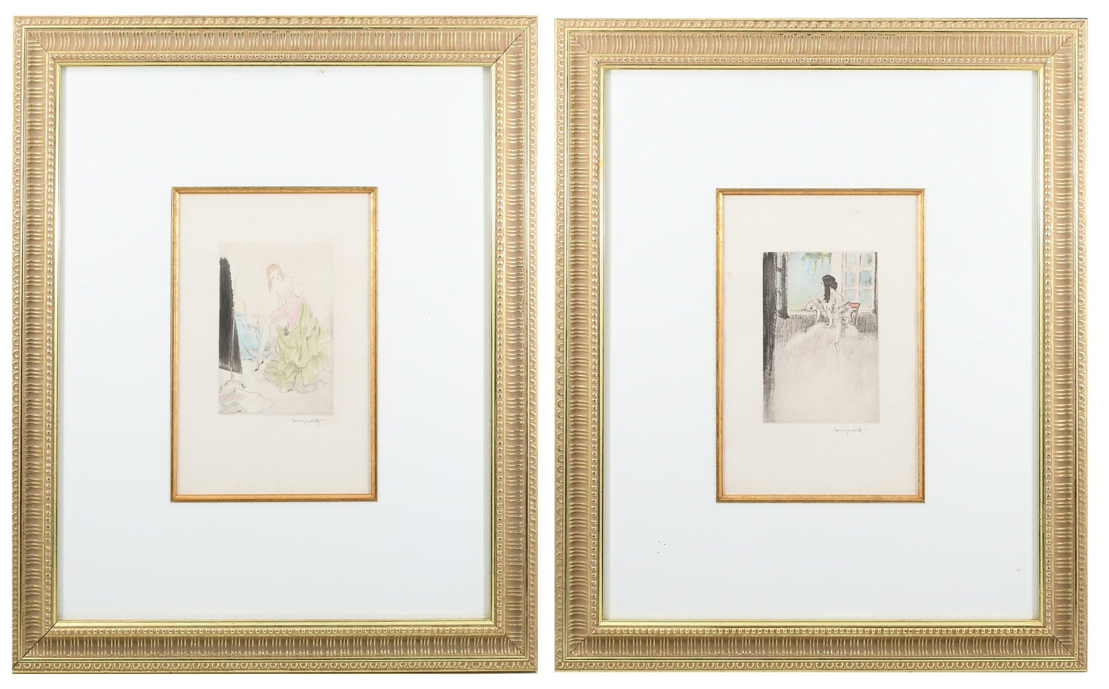 TWO LOUIS ICART ETCHINGS: ICART, Louis, (French, 1888-1950): Two Etchings from the "La Dame aux Camelias" series: 1) "Faraway Gaze", sight size 12.875" x 8.75" with margins, pencil signed lower right, matted and framed, 28.375