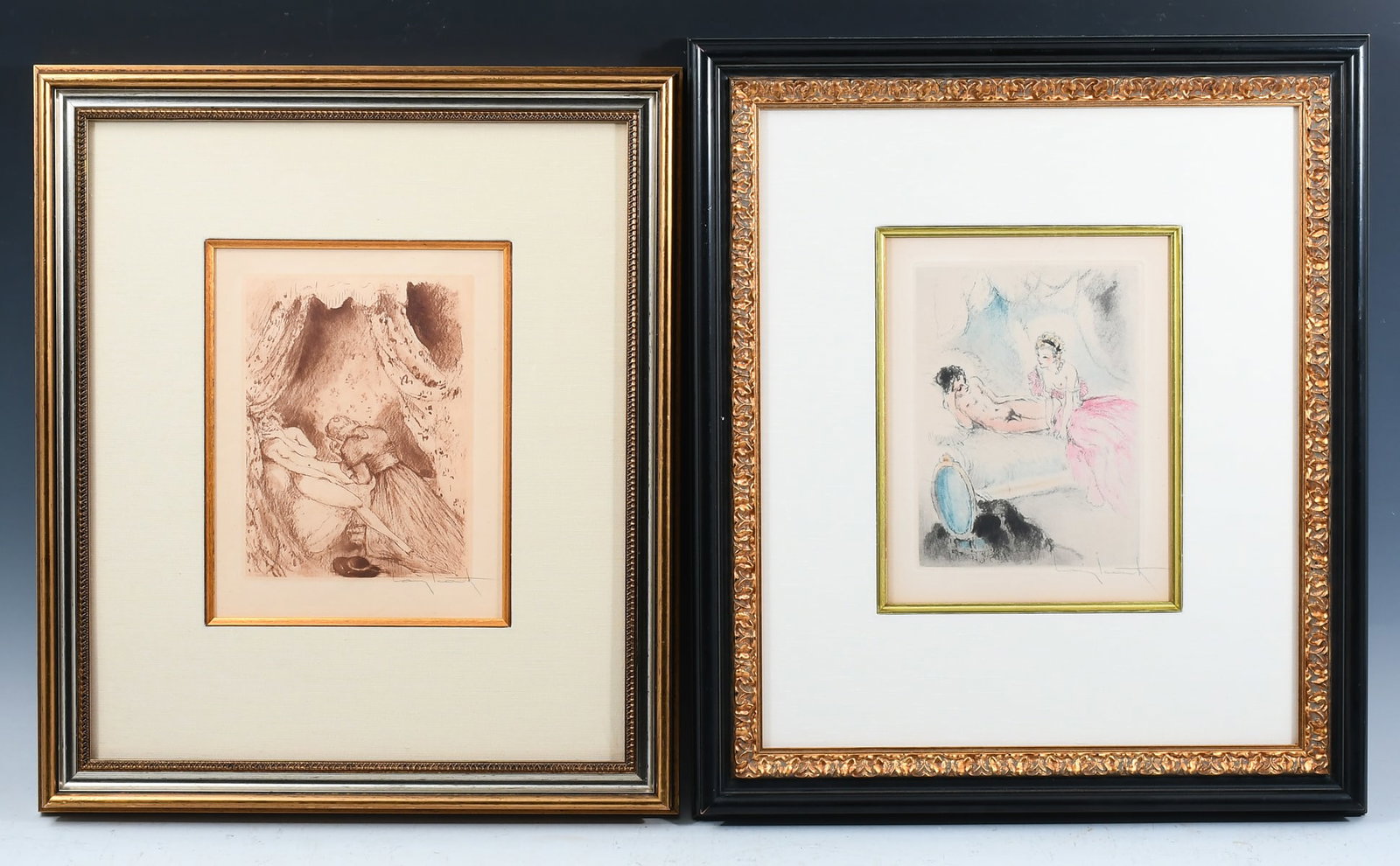 TWO LOUIS ICART EROTIC ETCHINGS: ICART, Louis, (French, 1888-1950): Two Etchings from the "Felicia ou Mes Fredaines" portfolio: 1) "On Bended Knee", sight size 8.875" x 7" with margins, pencil signed lower right, framed, 18.25" x 15.
