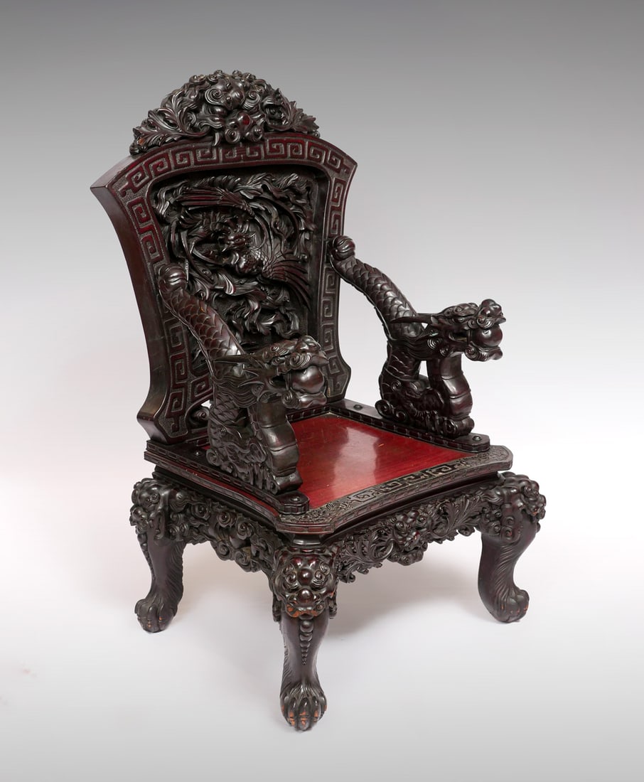 HIGHLY CARVED CHINESE DRAGON THRONE CHAIR (1 of 7)