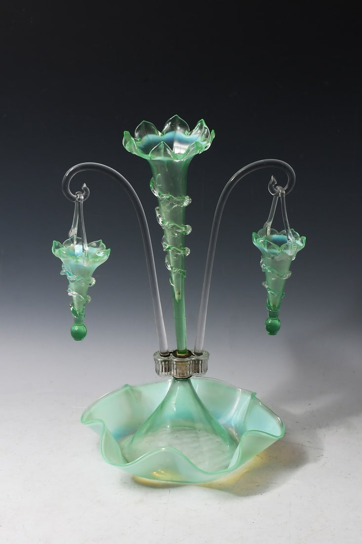 OPALESCENT VASELINE ART GLASS EPERGNE WITH BASKETS (1 of 3)