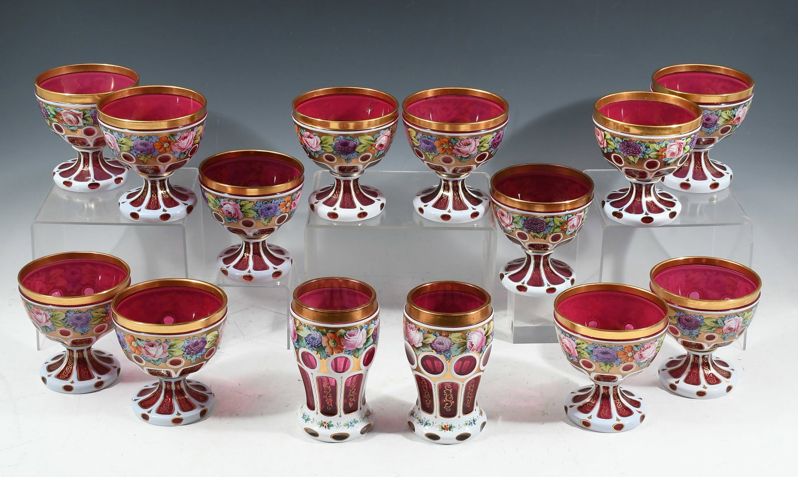14 PC CZECHOSLOVAKIAN WHITE CUT TO CRANBERRY GLASS (1 of 5)