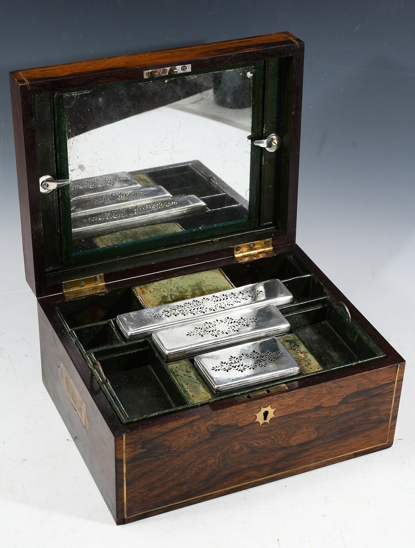 EARLY BRASS INLAID ROSEWOOD DRESSER BOX (1 of 6)