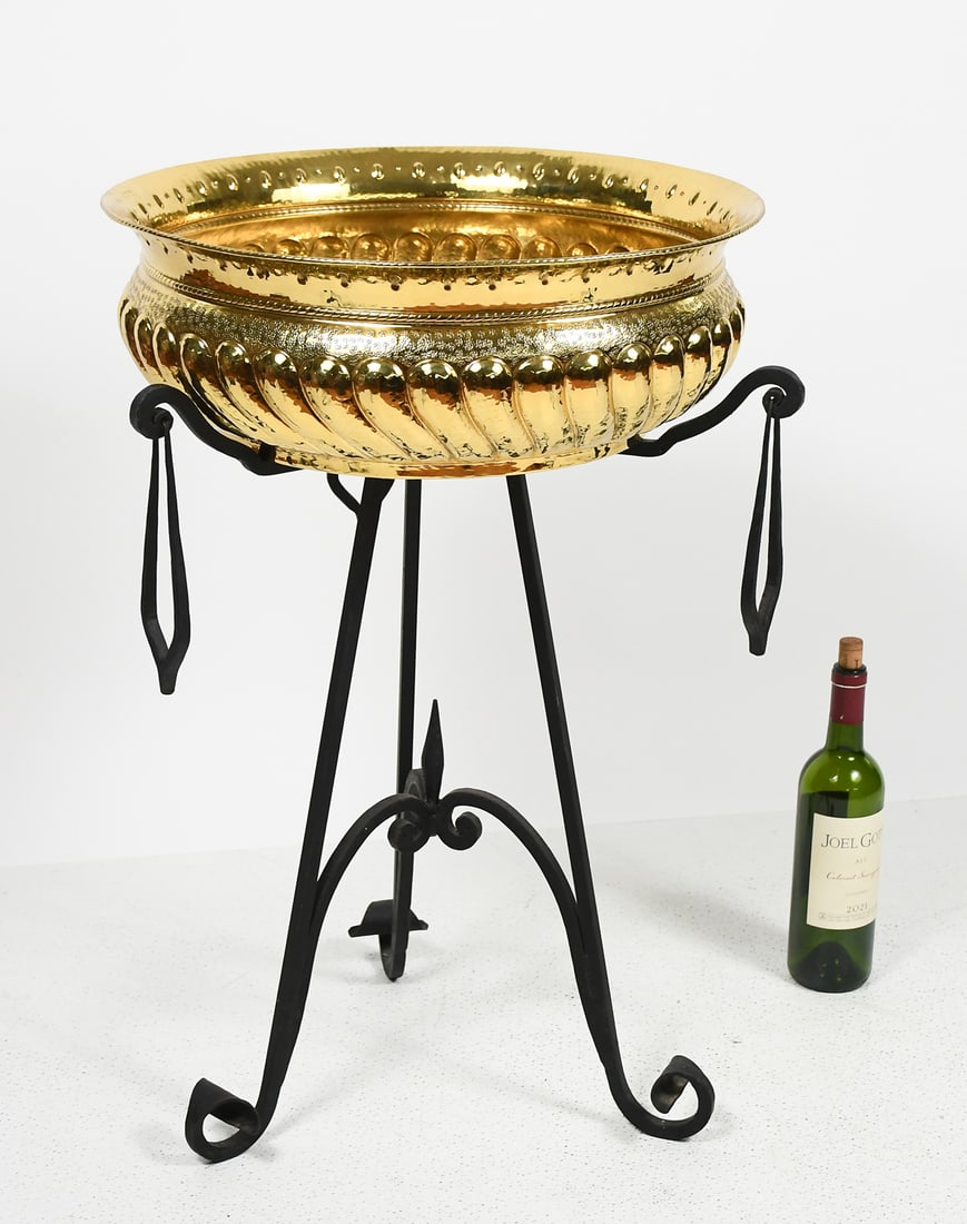 ITALIAN BRASS JARDINIERE W/ WROUGHT IRON BASE (1 of 4)