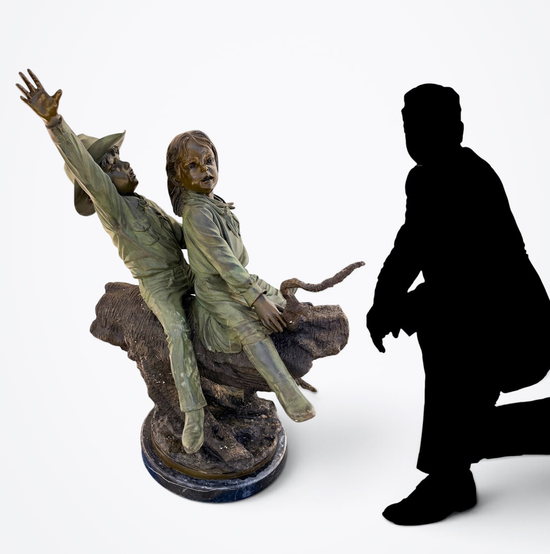 TWO CHILDREN ON A LOG BRONZE SIGNED JIM DAVIDSON: TWO CHILDREN ON A LOG BRONZE SIGNED JIM DAVIDSON: Measures 41" in height, overall 43" in height with circular marble base.
