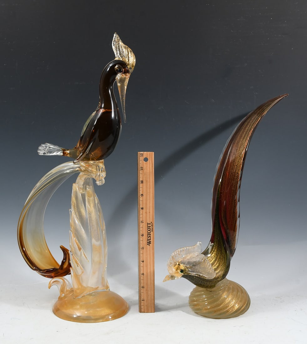 2 PC. ITALIAN MURANO GOLD FLAKED ART GLASS BIRDS (1 of 3)