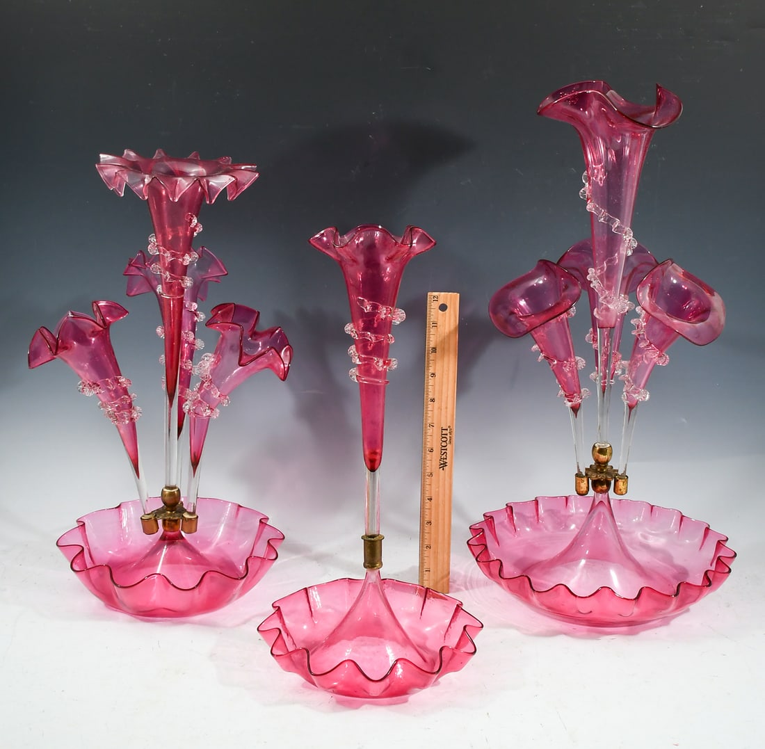 3 PC. VICTORIAN CRANBERRY ART GLASS EPERGNES (1 of 3)