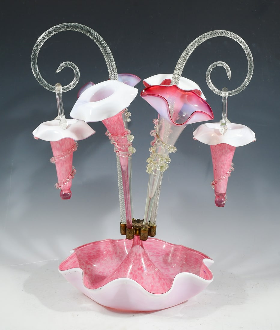 CRANBERRY & VASELINE GLASS MARRIED EPERGNE (1 of 3)
