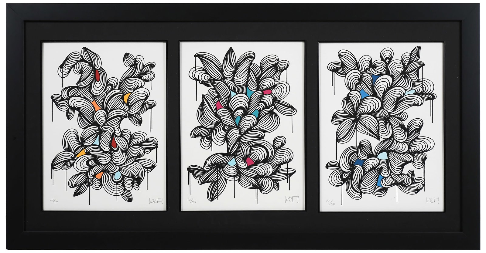 ORIGINAL KEF! "SOUND OF THE SUN" TRIPTYCH SCREENPRINT: KEF! (German, b. 1989): "Sound of the Sun (Triptych #3/4/7", Original Color Screenprints/Cotton Paper, each print measures sight size 15.25" x 11.125", signed lower right and numbered 253/300 lower le