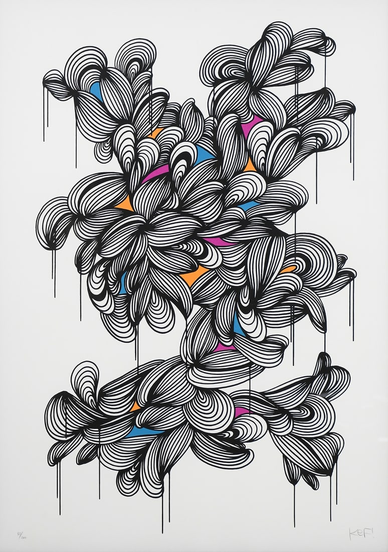 ORIGINAL KEF! "COSMIC FLAVOUR #2" SCREENPRINT: KEF! (German, b. 1989): "Cosmic Flavour #2", Original Color Screenprint/Cotton Paper, 33.5" x 24", signed lower right and numbered 82/200 lower left, framed, 37.5" x 28". Sold with a Certificate of Au