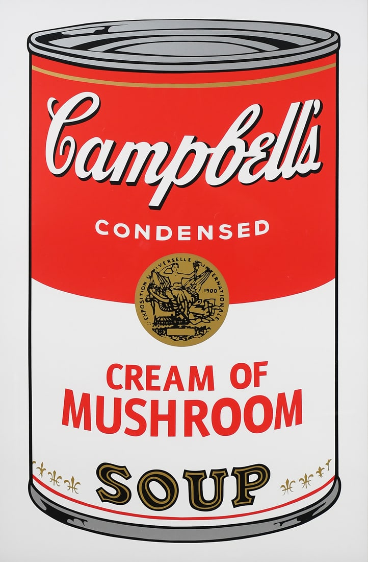 ANDY WARHOL MUSHROOM SOUP SCREENPRINT: WARHOL, Andy, (American, 1928-1987): "Cream of Mushroom (from the suite Campbell's Soup I) Ref; F&S II.53", Color Screenprint/Museum Board after the Original, 35" x 22.875", stamped verso "Published