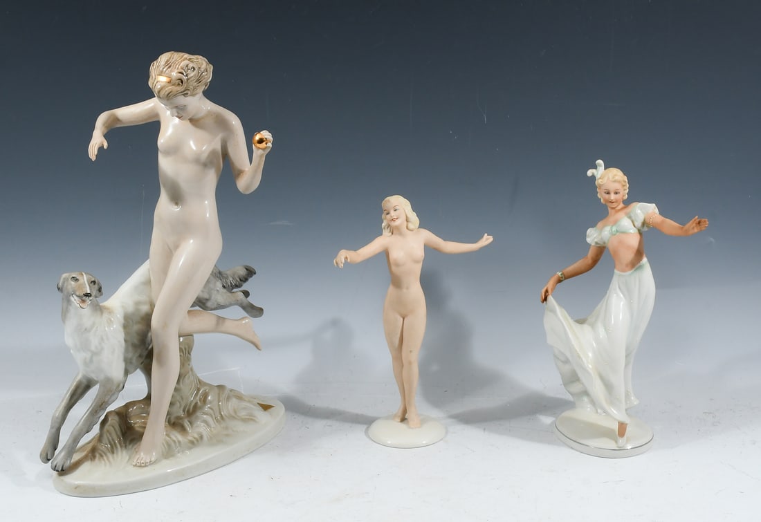 3 PC. ART DECO NUDE PORCELAIN SCULPTURES: 3 PC. ART DECO NUDE PORCELAIN SCULPTURES: Comprising; 1- Royal Dux "Diana the Huntress" figure. 1- German Schaubach Kust Nude dancing Female. 1- German Schaubach Kust Dancing Female. Largest Approx. 1