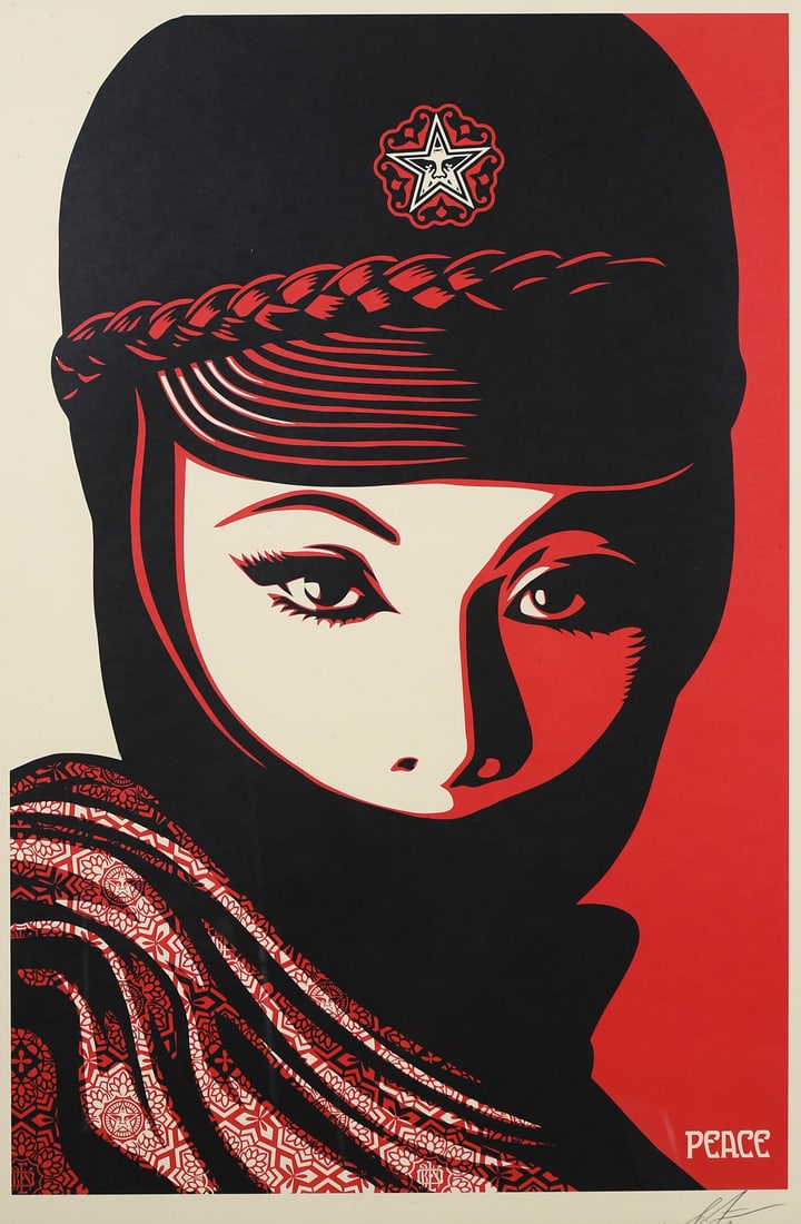 ORIGINAL SHEPARD FAIREY "MUJER FATALE" LITHOGRAPH: FAIREY, Shepard, (American, b. 1970): "Mujer Fatale", Lithograph/Wove Paper, 35.875" x 24", signed and dated in the lower margin, framed, 41.75" x 29.75". Sold with a Certificate of Authenticity from