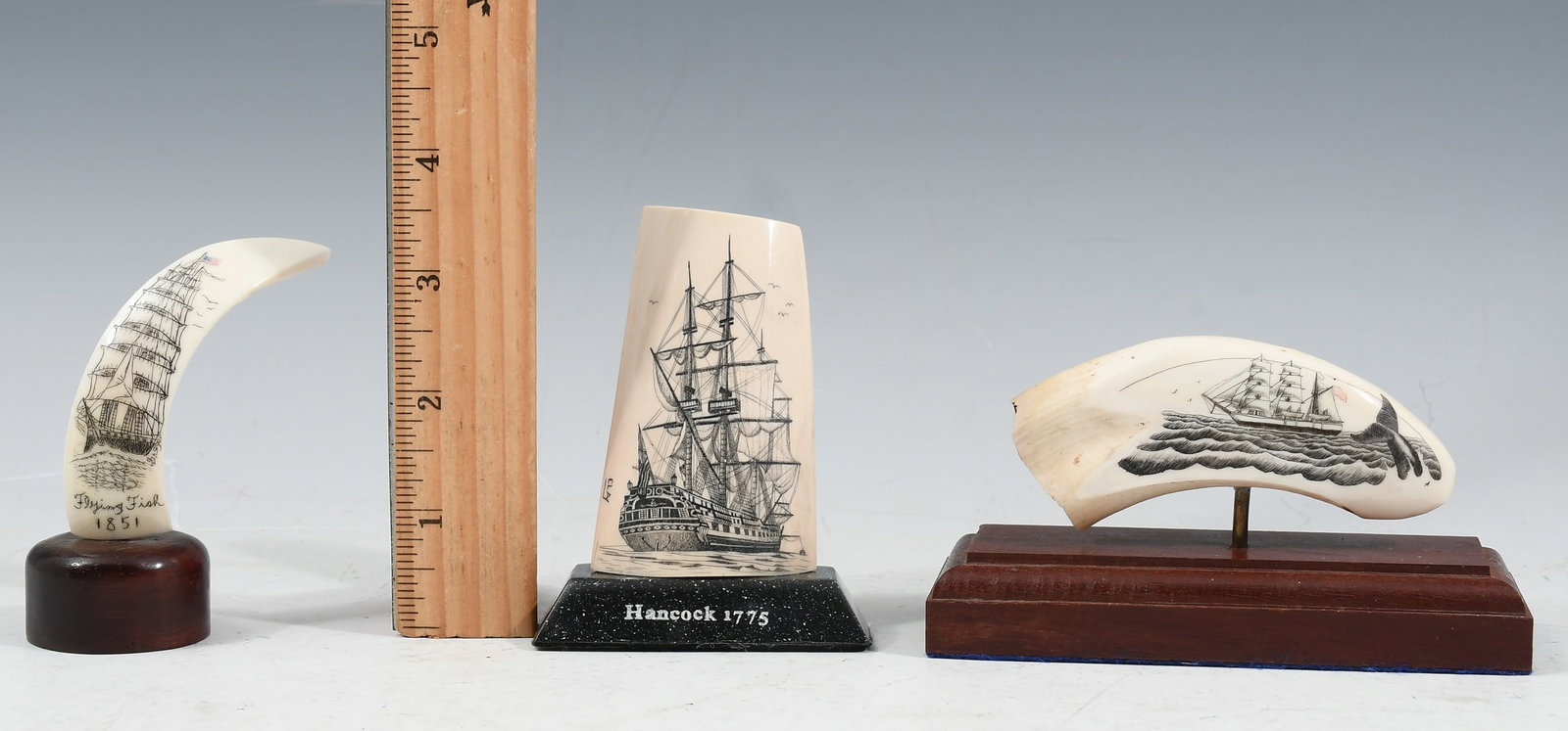 3 PC SCRIMSHAWED IVORY TEETH & TUSK (1 of 5)