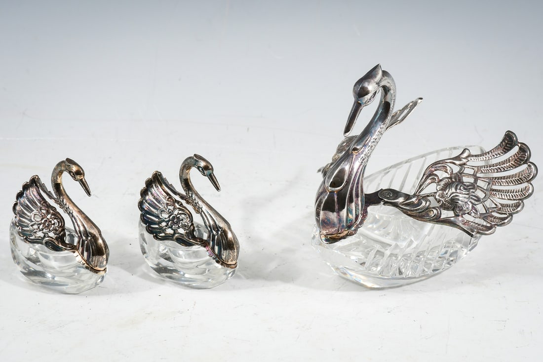 3 PC. W. GERMANY STERLING & CRYSTAL SWAN SALTS (1 of 5)