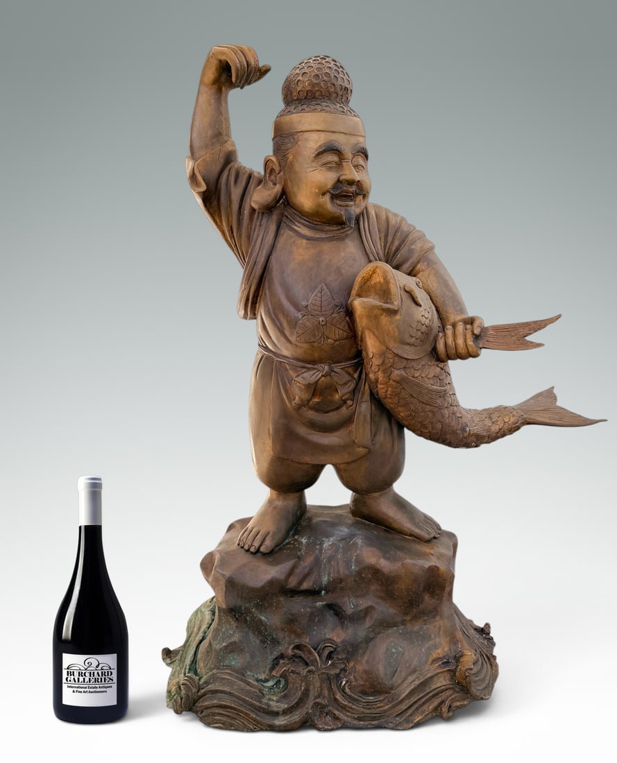 LARGE ASIAN BRONZE IMMORTAL HOLDING A CARP: LARGE ASIAN BRONZE IMMORTAL HOLDING A CARP: Measures 41" in height.