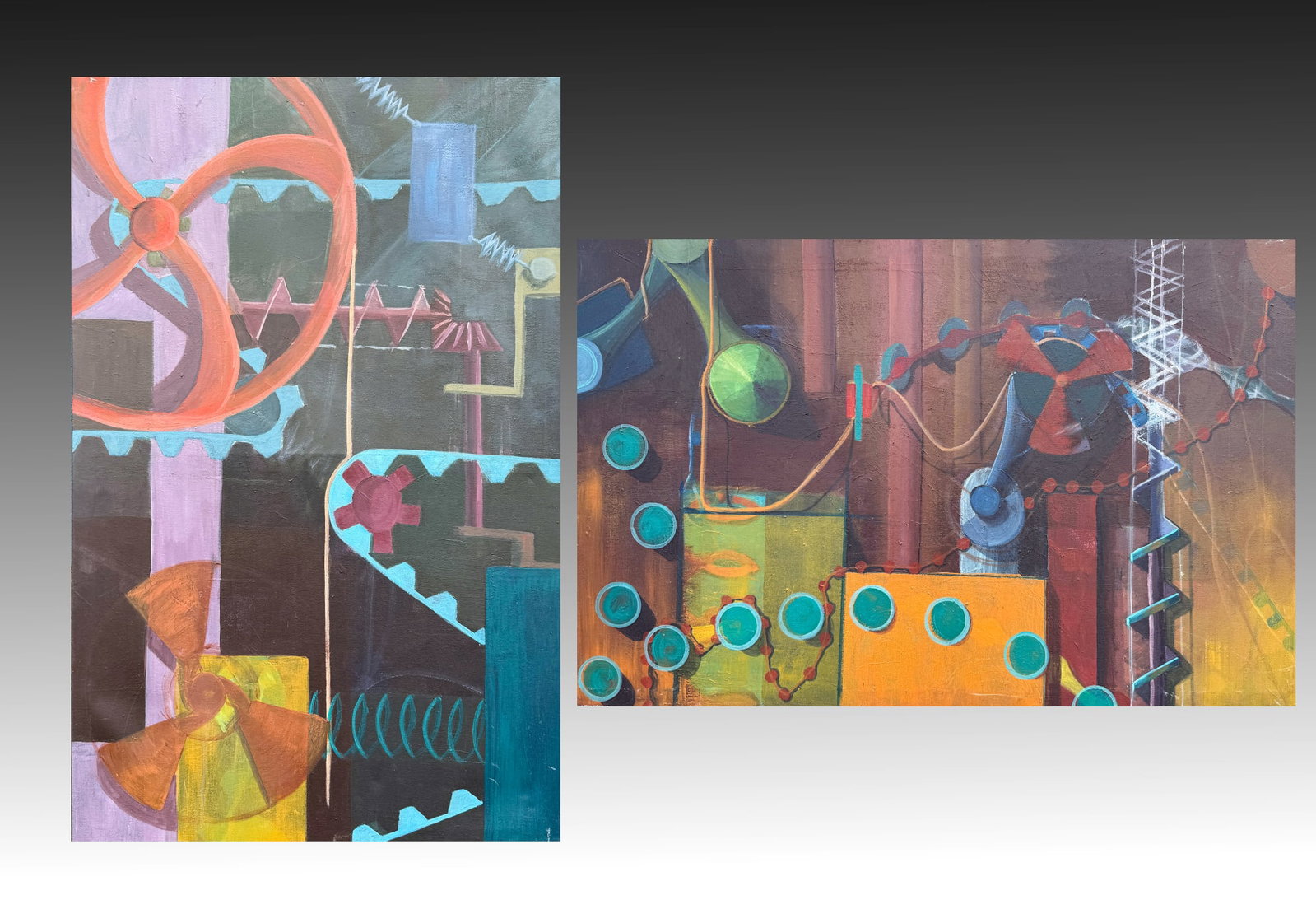 TWO LARGE MECHANICAL ABSTRACT PAINTINGS: TWO LARGE MECHANICAL ABSTRACT PAINTINGS: 1) "Assembly #1", Mechanical Abstract Composition, Oil/Canvas, 38.75" x 60.25", titled and illegibly signed on the stretcher verso, also dated "Spring 1998", u
