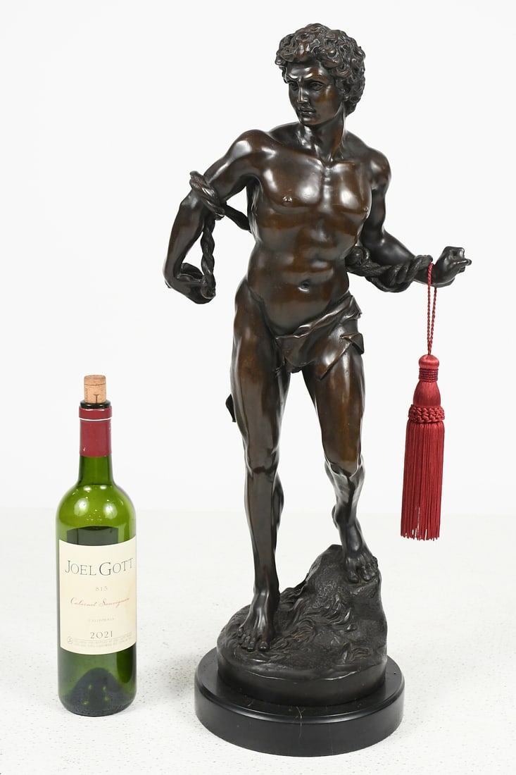 BRONZE MALE NUDE AFTER HENRI GAUQUIE: BRONZE MALE NUDE AFTER HENRI GAUQUIE: Bronze after the marble work "Nil Virtuti Invium" by Henri Gauquie (French, 1858-1927). Measures 24" in height, overall 25.5" in height with rounded marble base.