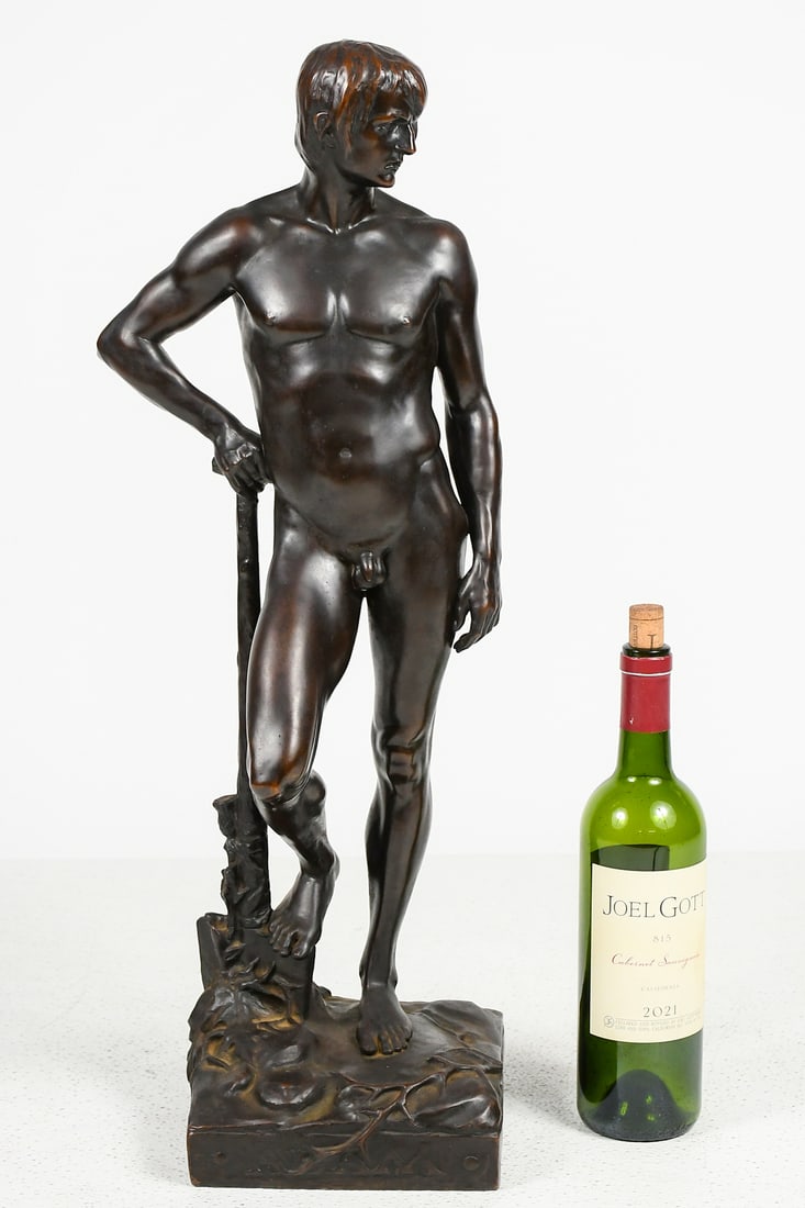STANDING NUDE MAN BRONZE SIGNED ROBERT SAAKE: STANDING NUDE MAN BRONZE SIGNED ROBERT SAAKE: Male Nude Leaning on a Shovel, Bronze, measures 26" in height, possibly titled "Adam" along the front face of the base, incised signature on the base and 