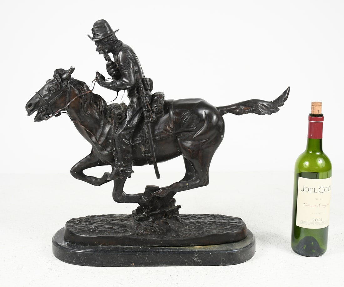 "PONY EXPRESS" BRONZE AFTER FREDERIC REMINGTON: "PONY EXPRESS" BRONZE AFTER FREDERIC REMINGTON: Measures 18.25" in height, overall 20" in height with beveled rounded marble base.