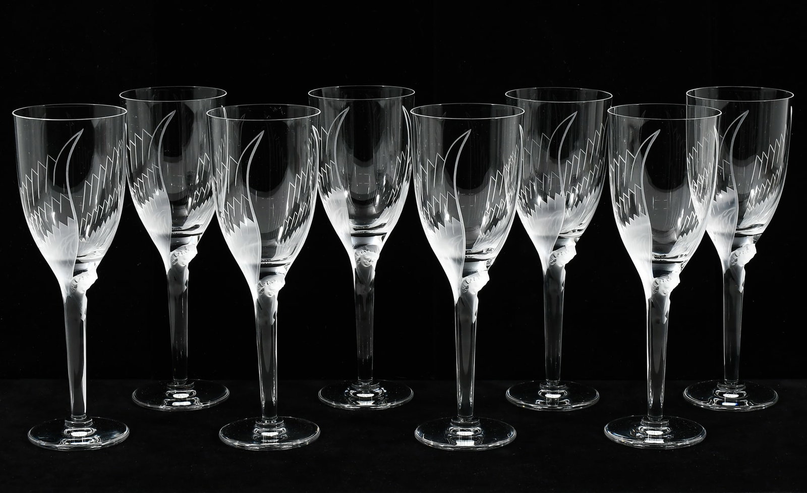 8 LALIQUE ART DECO CHAMPAGNE FLUTES (1 of 5)
