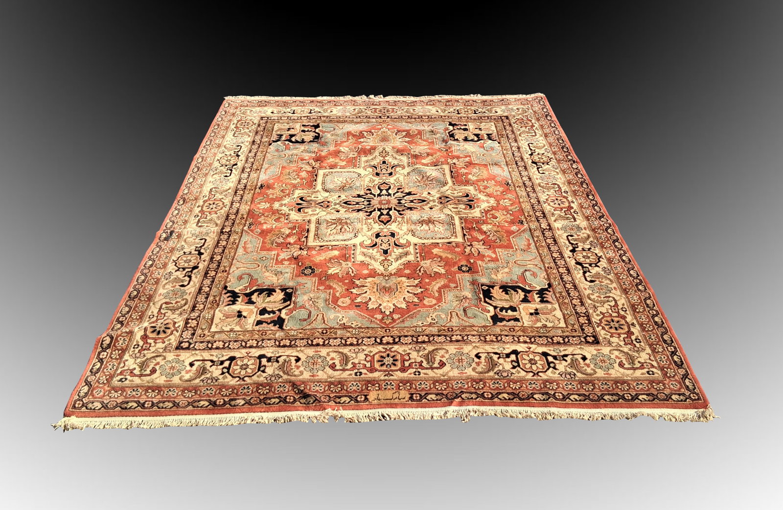 ROOM-SIZE PERSIAN HERIZ CARPET: ROOM-SIZE PERSIAN HERIZ CARPET: Large Persian Heriz carpet in red, blue, cream, brass, and black. Short fringes. Signature in Arabic in a medallion along the border. Measures 94" x 123".