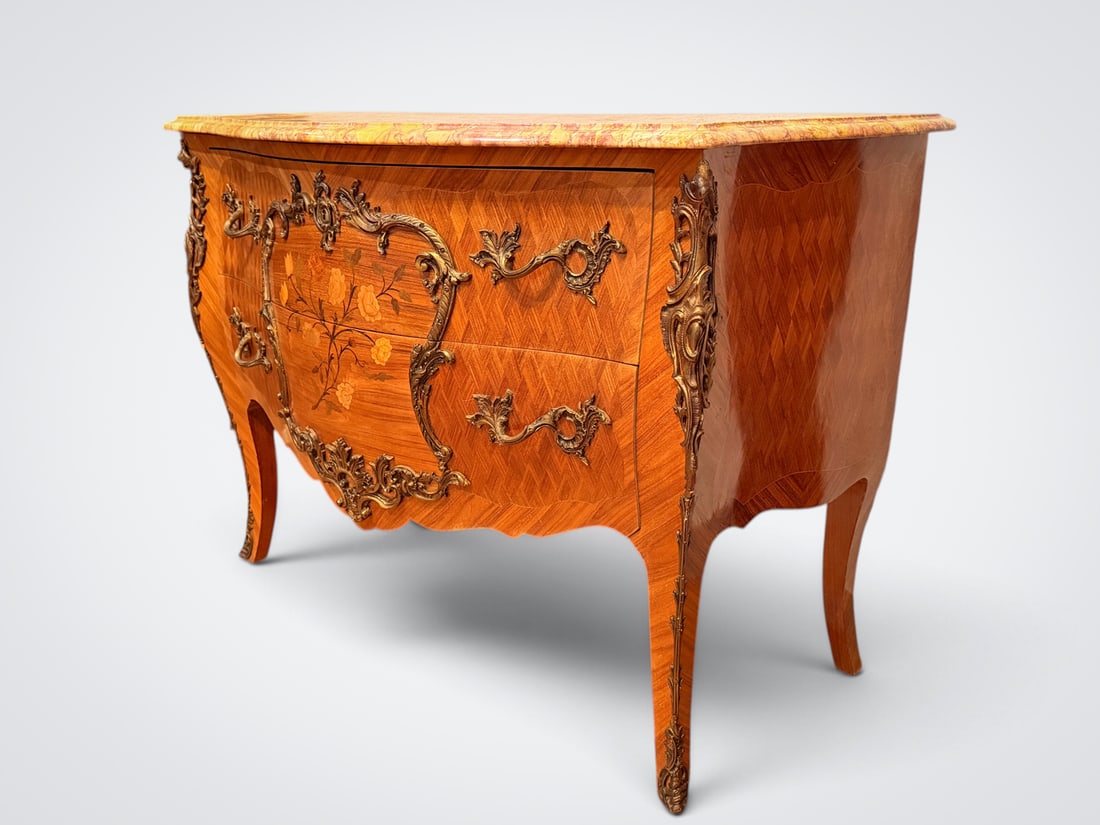 ORMOLU MOUNTED LOUIS XV 2-DRAWER MARBLE TOP COMMODE: ORMOLU MOUNTED LOUIS XV 2-DRAWER MARBLE TOP COMMODE: Marble Top 2- Drawer Chest with Parquetry inlay, Foliate metal mounts, and inlaid Floral bouquet. Approx. 32.25" h x 46.5" w x 21.75" d.