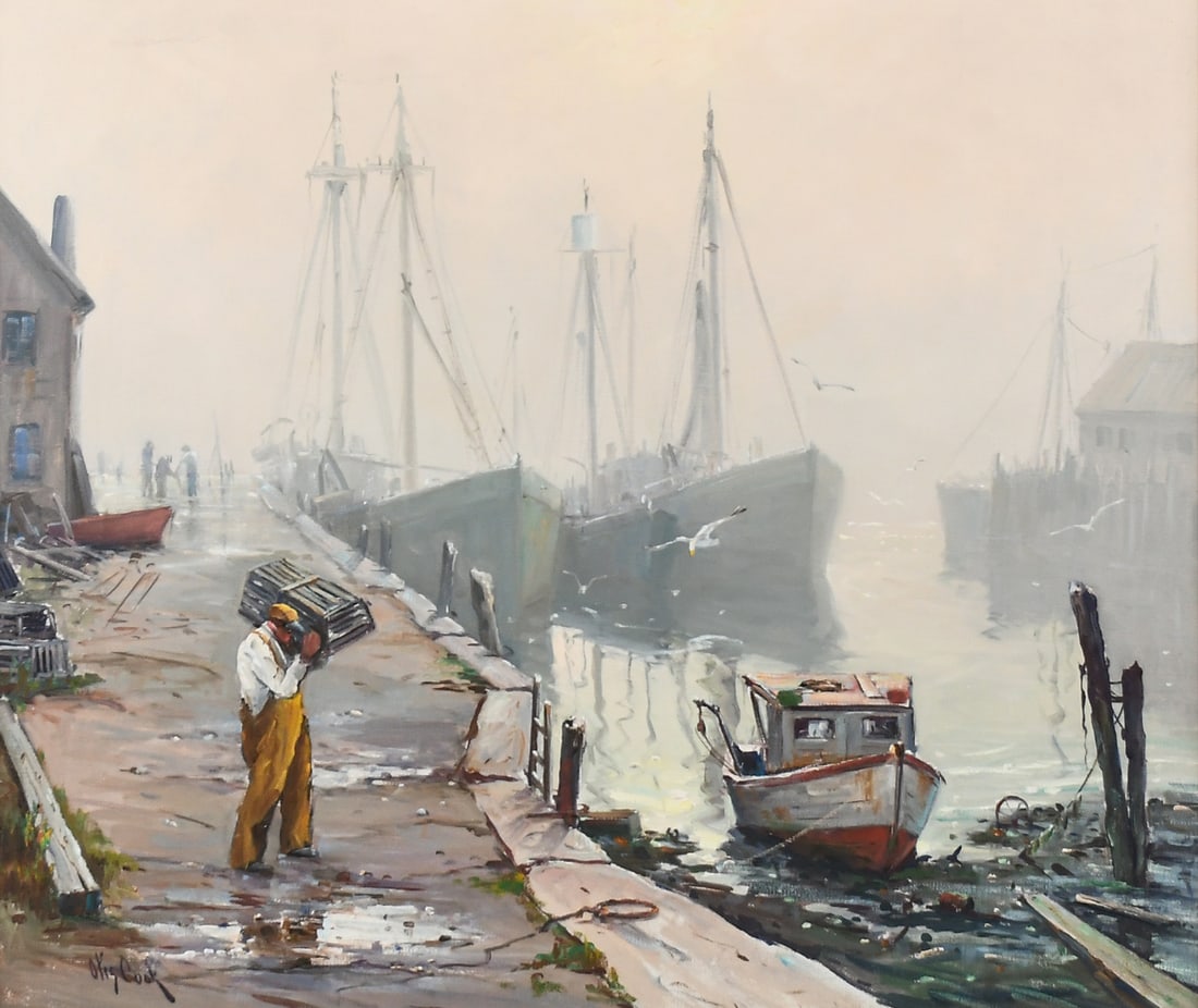 OTIS COOK NEW ENGLAND DOCKSIDE SCENE: COOK, Otis Pierce Jr., (American, 1900-1980): New England Dockside Scene with Ships and a Fisherman holding a Lobster Trap, Oil/Canvas, 25" x 30.75", signed lower left, painted frame, 31.25" x 36".