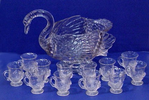CAMBRIDGE SWAN PUNCH BOWL & 12 SWAN CUPS