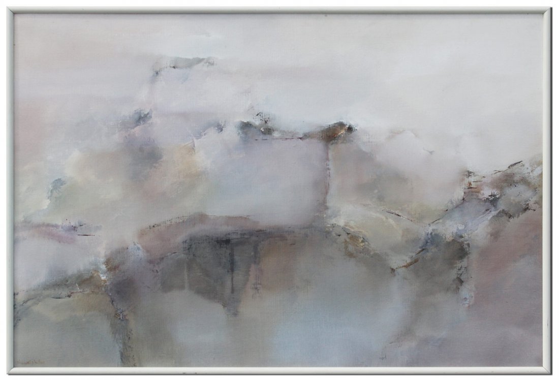 MARGARET WOOLEY ABSTRACT PAINTING: WOOLLEY, Margaret, (New Zealander, 20th Century): Abstract, Oil/Canvas board, signed lower left, 30'' x 44'', contemporary metal frame 30 1/4'' x 44 1/4''.