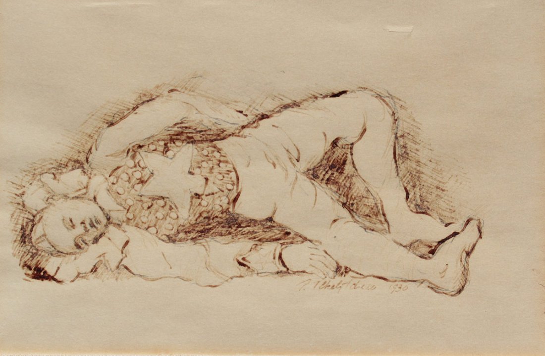 PAVEL TCHELITCHEW PEN & INK SLEEPING CLOWN: TCHELITCHEW, Pavel Fedorovich, (Russian-American, 1898-1957): Sleeping Clown, Pen & Ink Drawing, 8 3/4" x 12" with margins, signed lower right, dated 1930, worn frame 10 1/4" x 13 1/2".