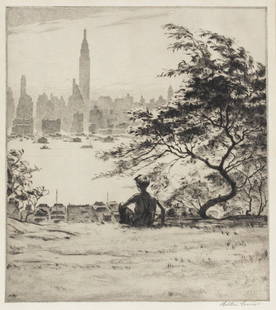 RARE MARTIN LEWIS ETCHING "FROM HOBOKEN HEIGHTS": LEWIS, Martin, (American, 1883-1962): "From Hoboken Heights", a view of New York City skyline with the Empire State Building, Drypoint Etching, 13 3/8" x 10 7/8" with margins, pencil signed lower righ