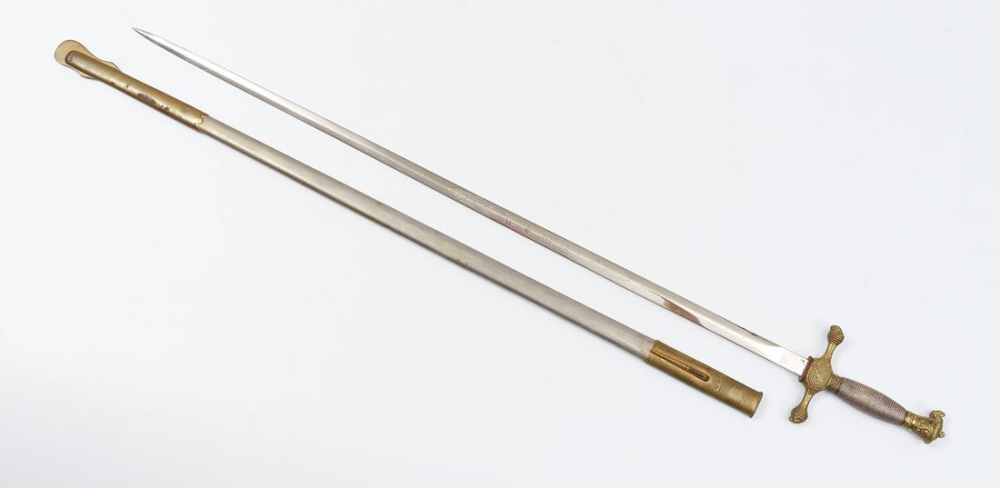 U.S. WEST POINT MILITARY ACADEMY SWORD: U.S. WEST POINT MILITARY ACADEMY SWORD: Brass pommel and crossguard with Pallas Athene and motto, metal grip. 29 3/4'' NW. Meyer blade with etched USMA, no name. Overall 36 3/4'' long.