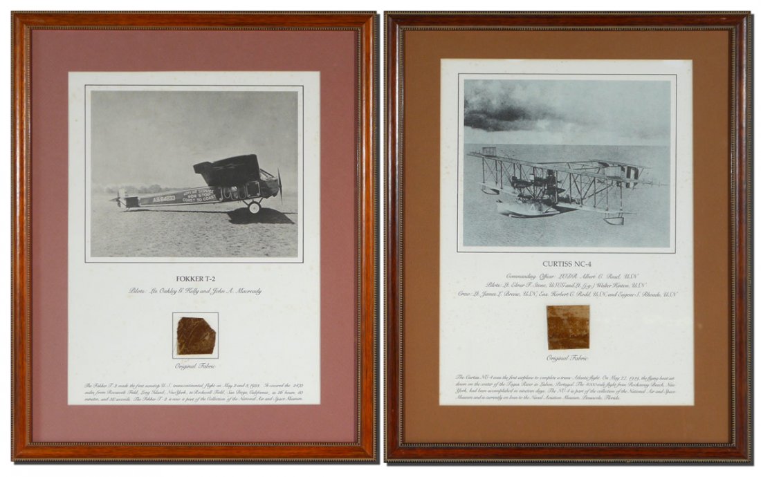 PAIR WWI FOKKER & CURTISS AIRPLANE FABRIC SWATCHES: PAIR WWI FOKKER & CURTISS AIRPLANE FABRIC SWATCHES: 2 original pieces in separate frames to include Fokker T-2 and Curtiss NC-4. Both planes are now part of the National Air and Space Museum collectio