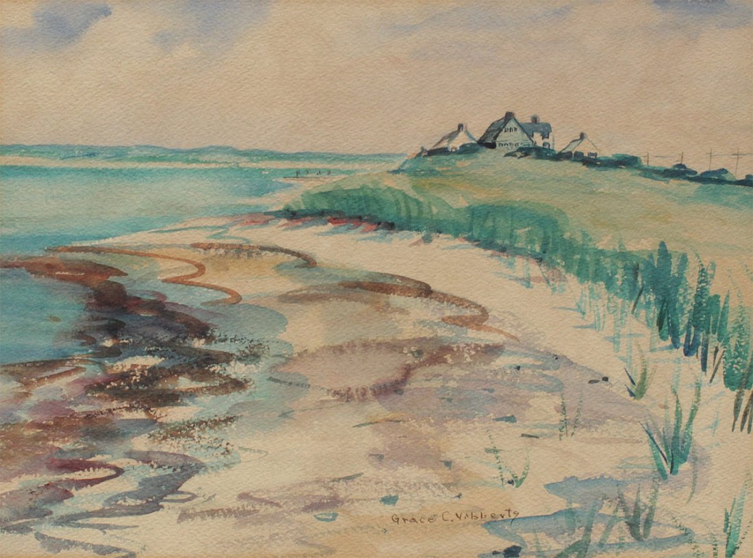 GRACE VIBBERTS COASTAL PAINTING: VIBBERTS, Grace Chamberlain, (American, 1879-1945): Coastal Scene with Homes in the Distance, probably New England, Watercolor, Sight size 11" x 15", signed lower right, worn wood frame 18" x 21 1/2".