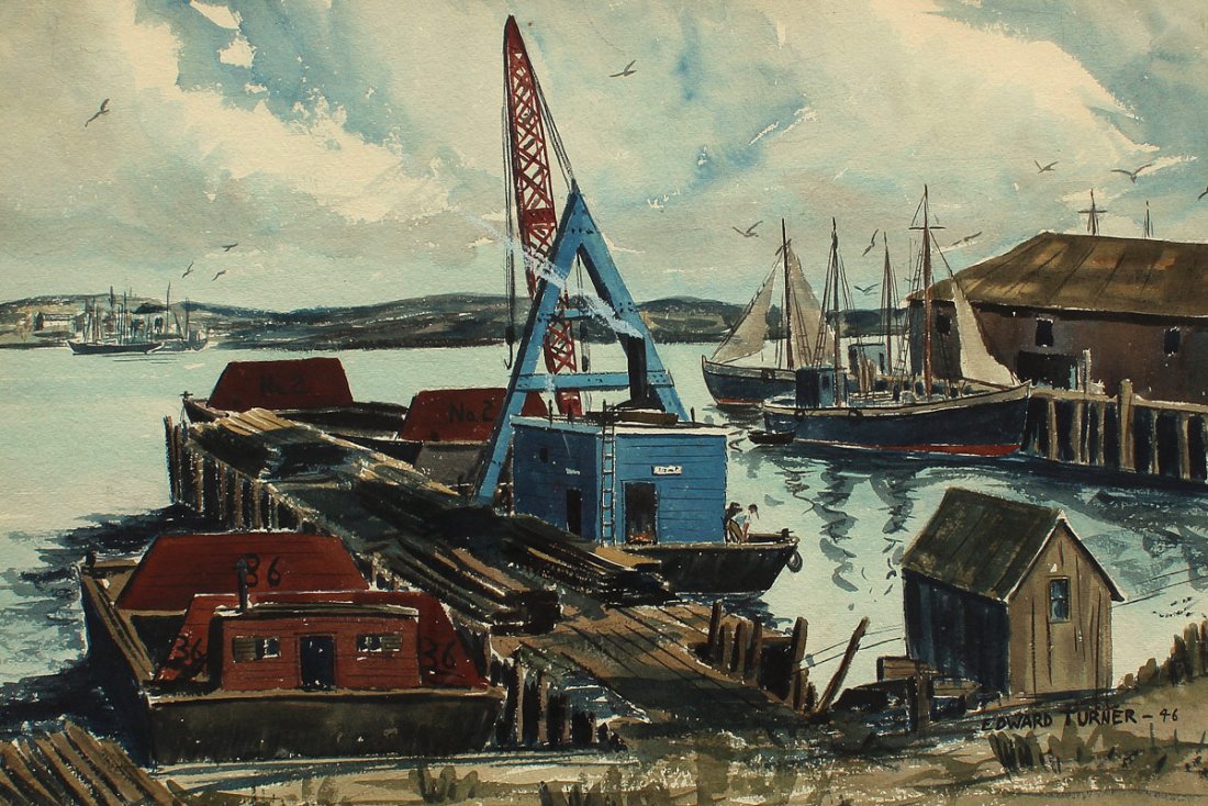 EDWARD TURNER DOCKSIDE WPA STYLE PAINTING: TURNER, Edward, (American, 19th Century): WPA Style Dockside Scene, Watercolor, Sight size 14" x 20 3/4", signed lower right, dated '46, encased in wooden frame with wear 21 1/8" x 28 1/4".