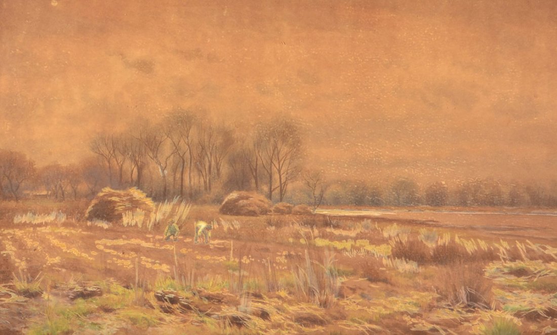 WILLIAM FITLER LANDSCAPE PAINTING: FITLER, William Crothers, (American, 1857-1915): Landscape with Hay Shocks, Watercolor/Gouache, Sight size 18" x 35", framed 31" x 43".