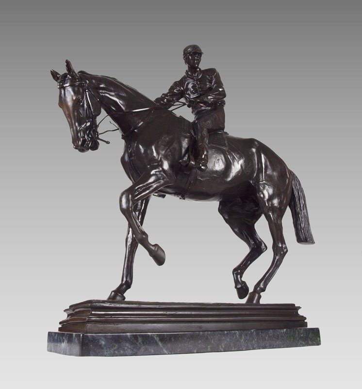HORSE AND JOCKEY BRONZE AFTER BONHEUR: LARGE HORSE AND JOCKEY BRONZE AFTER ISIDORE BONHEUR: 23'' h x 24'' w, with green pedestal, 24''h overall, incised signature.