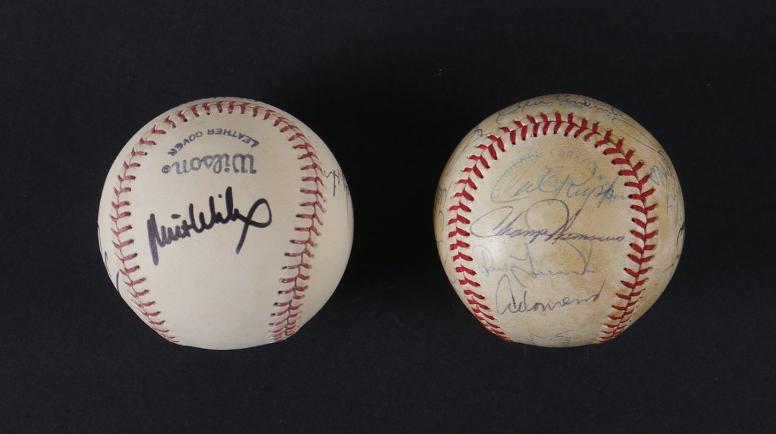 2 MULTI PLAYER SIGNED BASEBALLS: 2 MULTI PLAYER SIGNED BASEBALLS: 2 balls to include 1) 1970's Grapefruit League spring training ball signed by various members of various teams, highlights to include Cal Ripken Sr., Champ Summers, Ea